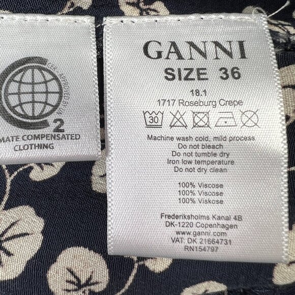 Ganni Roseburg Crepe Dress Maxi Tie Strap Total Eclipse Navy Leaf Print US 4 - Picture 15 of 16